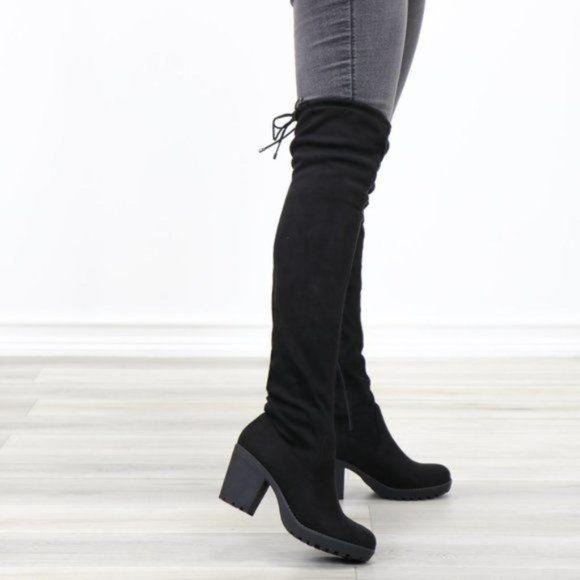 Lug Chunky Heel BlackThigh High Suede Boots - Picture 9 of 15